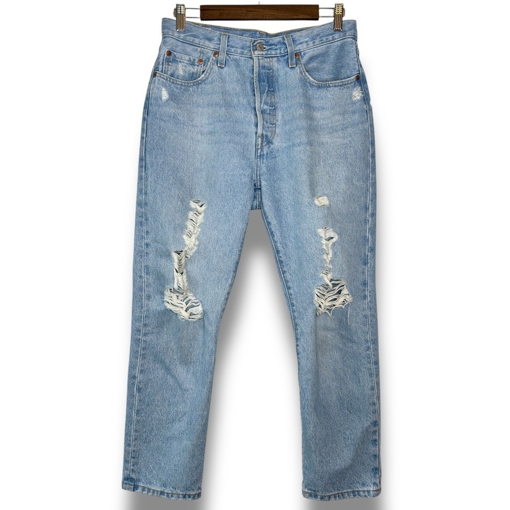 Levi's Premium Light Wash Distressed 501 Classic Straight Leg Crop Jean Size 28